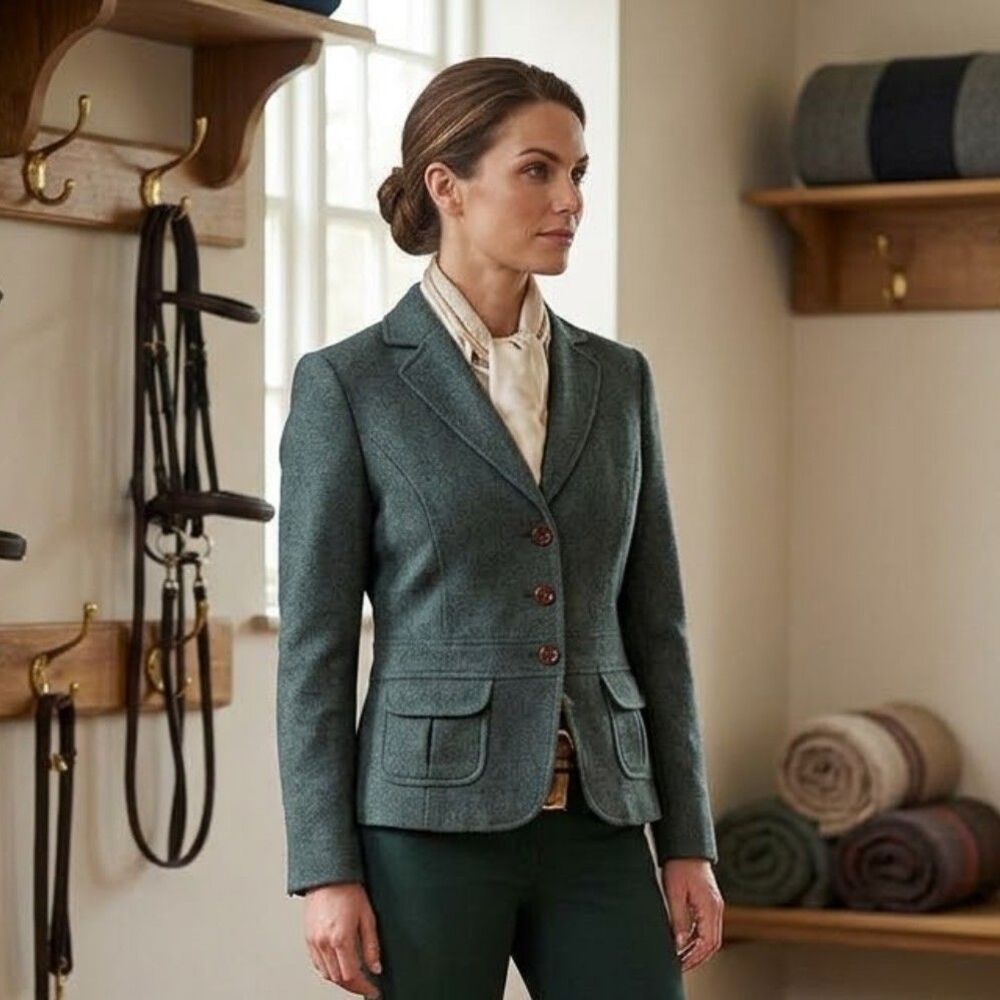 VTG Janeville Equestrian Wool Blend Blazer Womens Sz 8 Teal Tailored Tweed Y2k